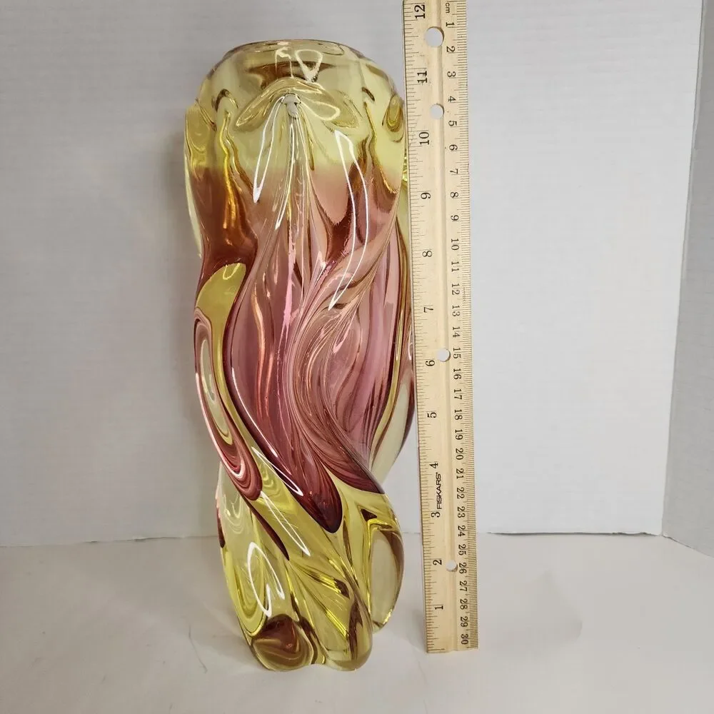Vintage Hand Made Bohemia Glass Czech Republic Twisted Glass Vase Amber/Pink
